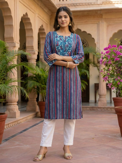 Indigo Striped Cotton Kurta with Embroidered Yoke