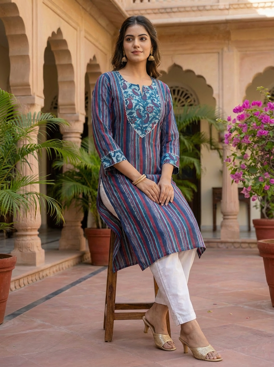 Indigo Striped Cotton Kurta with Embroidered Yoke
