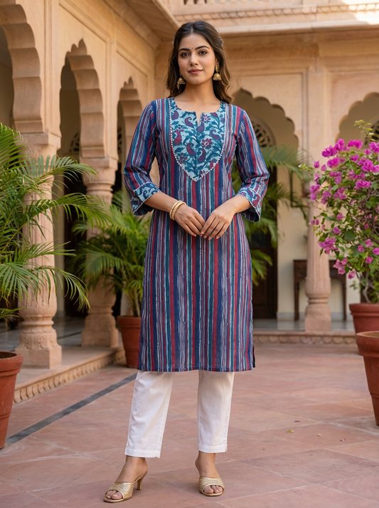 Indigo Striped Cotton Kurta with Embroidered Yoke