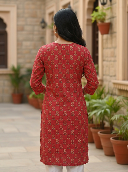 Crimson Floral Print Cotton V-Neck Kurt