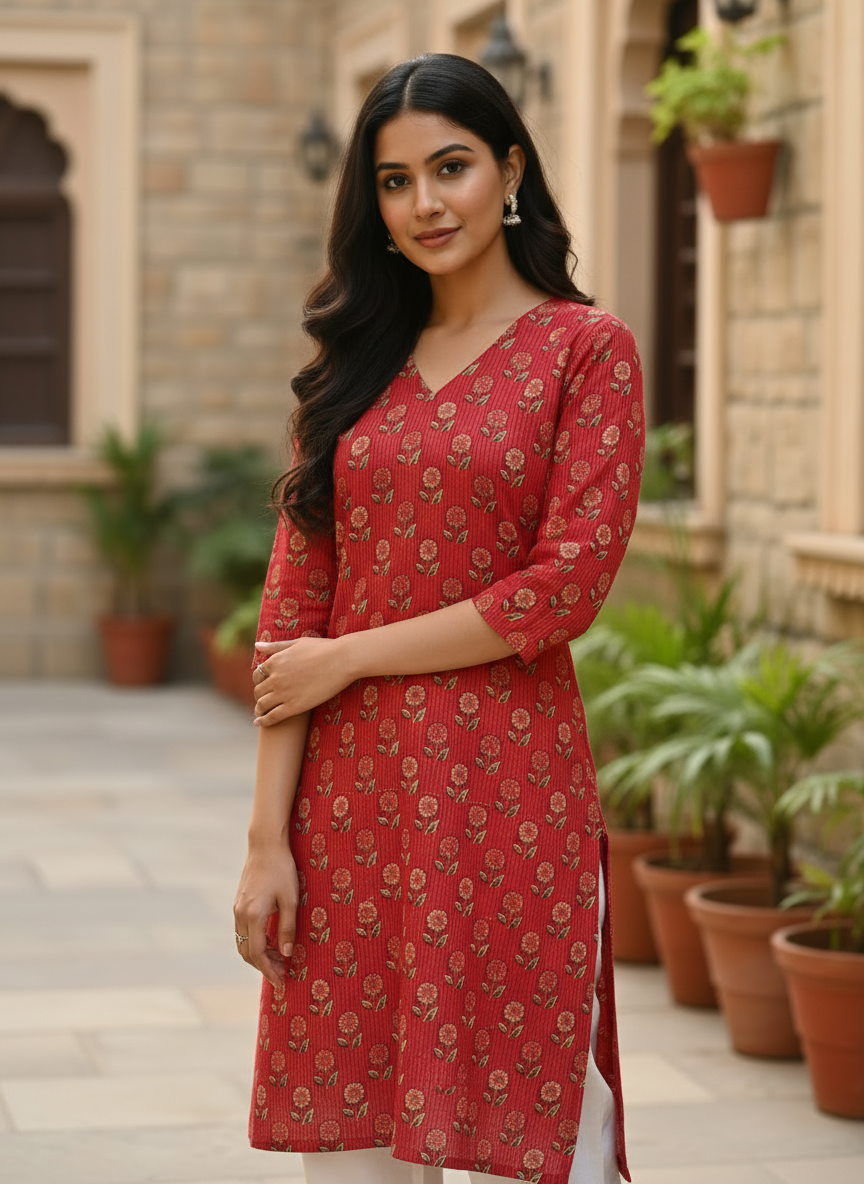 Crimson Floral Print Cotton V-Neck Kurt