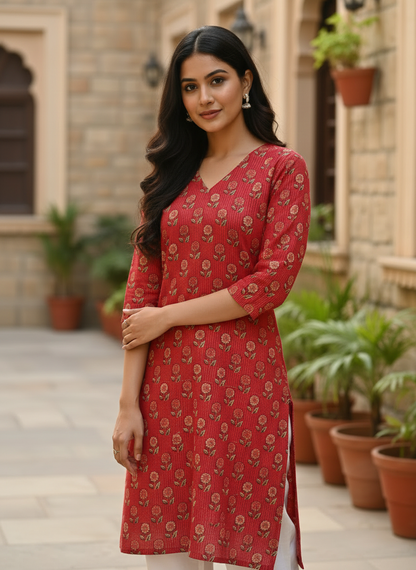 Crimson Floral Print Cotton V-Neck Kurt