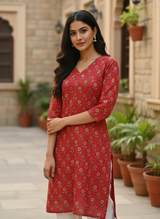 Crimson Floral Print Cotton V-Neck Kurt