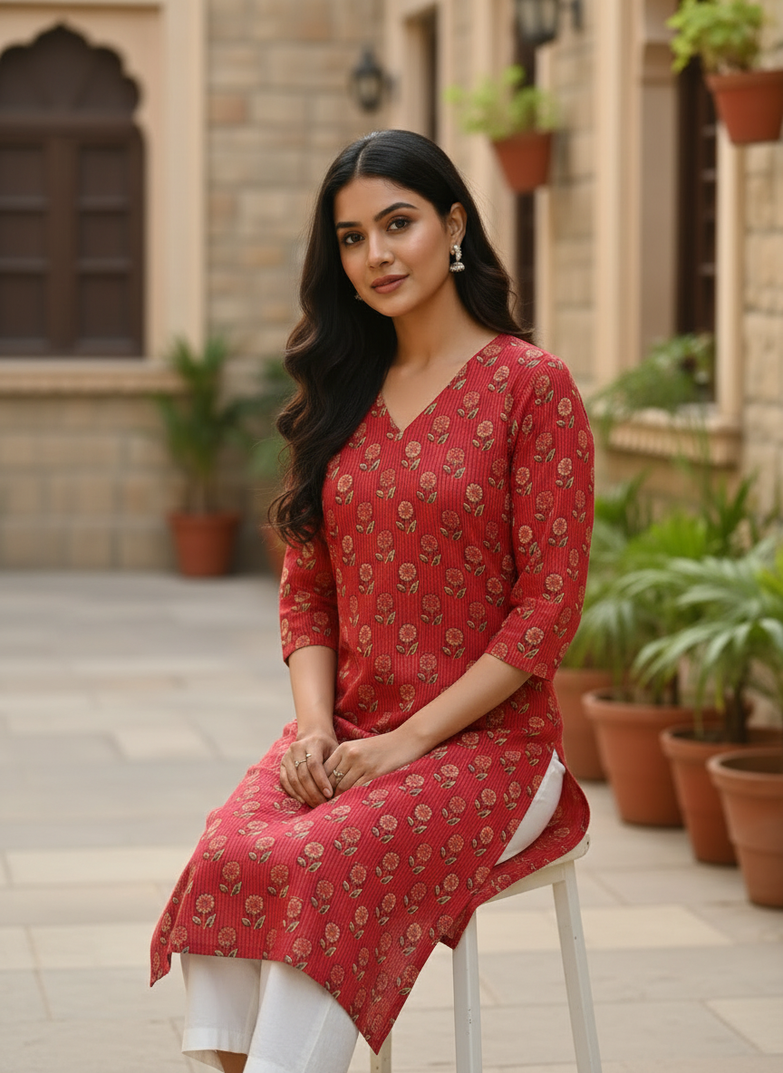 Crimson Floral Print Cotton V-Neck Kurt