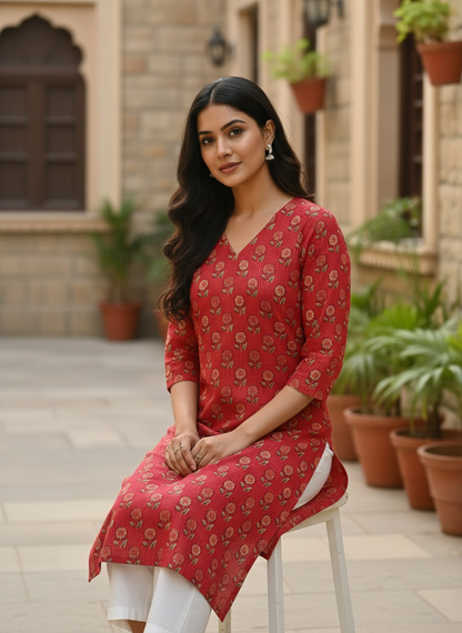 Crimson Floral Print Cotton V-Neck Kurt