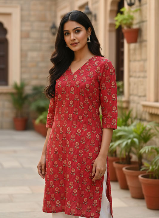 Crimson Floral Print Cotton V-Neck Kurt