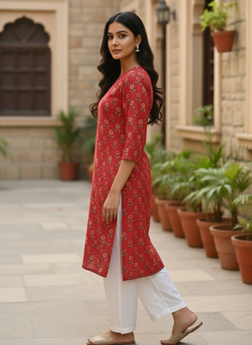 Crimson Floral Print Cotton V-Neck Kurt