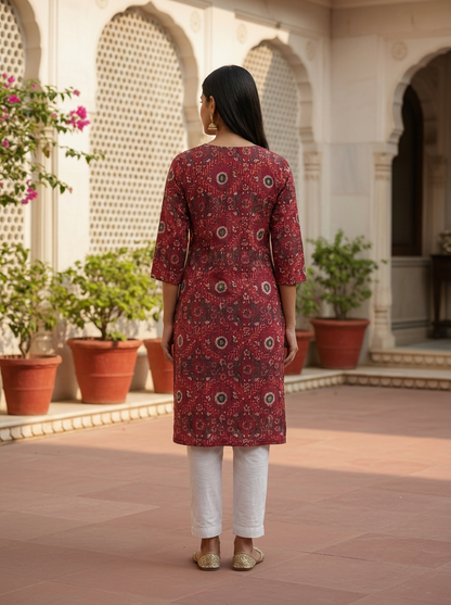 Crimson Cotton Ikat Print Straight Kurta