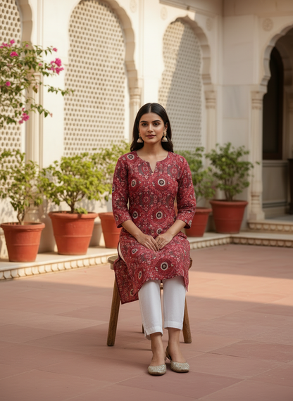 Crimson Cotton Ikat Print Straight Kurta