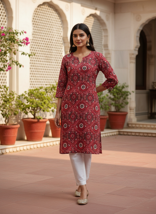 Crimson Cotton Ikat Print Straight Kurta