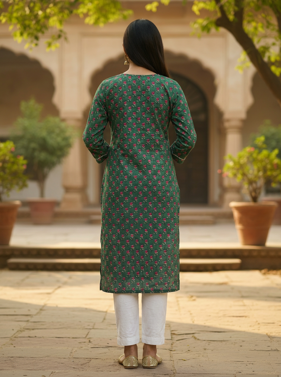 Emerald Green Floral Block Print Cotton Kurta