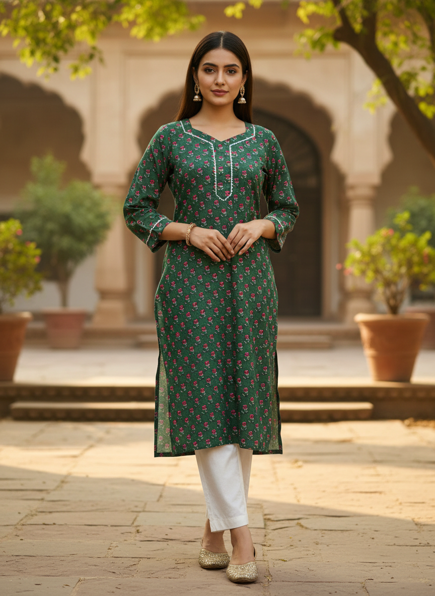 Emerald Green Floral Block Print Cotton Kurta