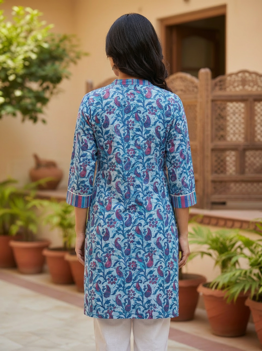 Blue Cotton Paisley Print Straight Kurta