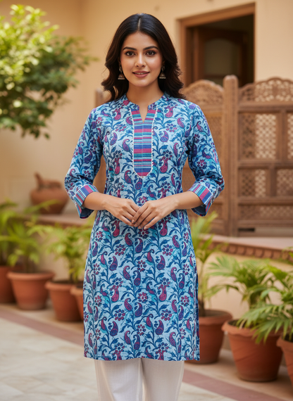 Blue Cotton Paisley Print Straight Kurta