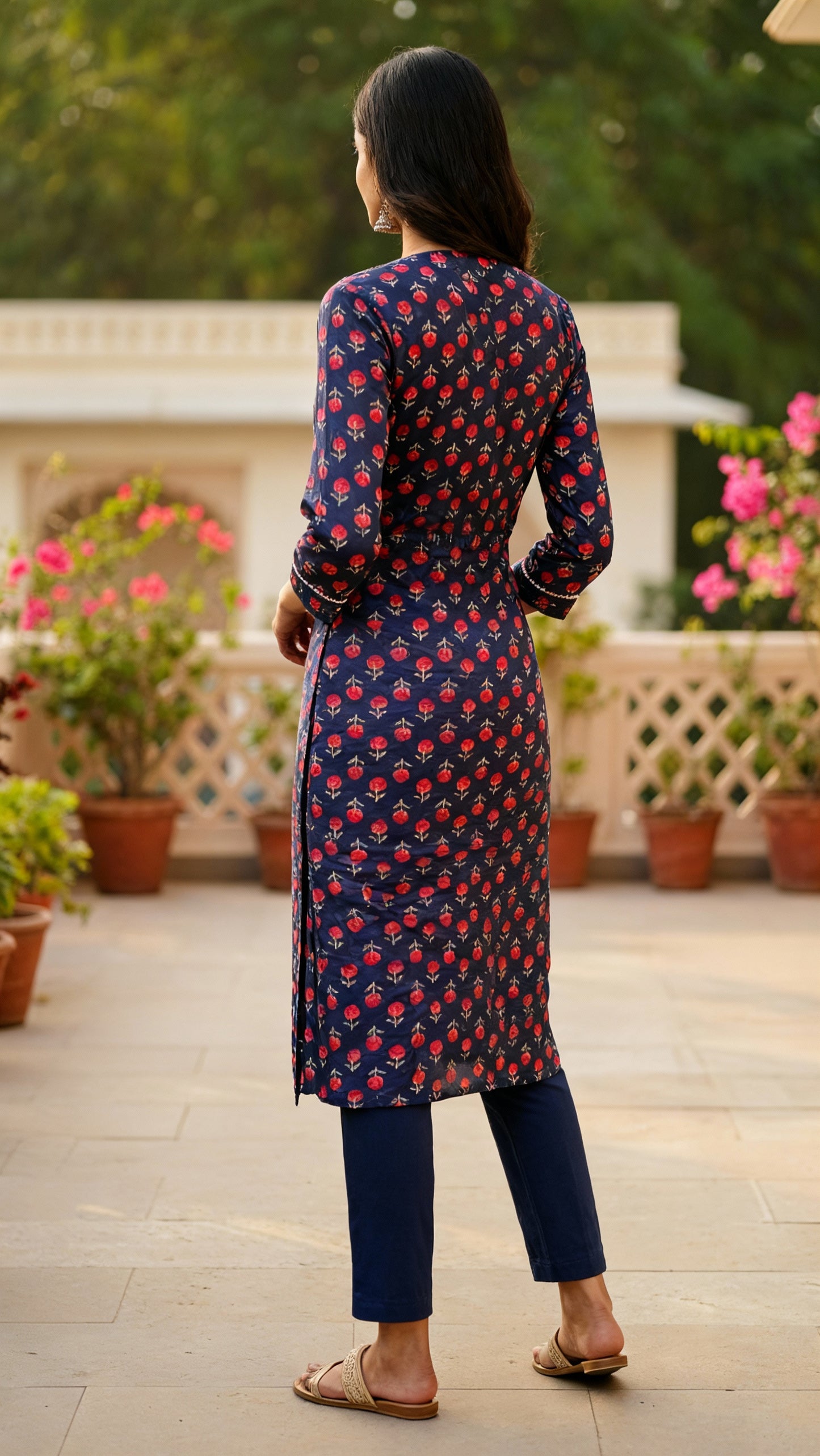 Navy Red Floral Cotton Kurta