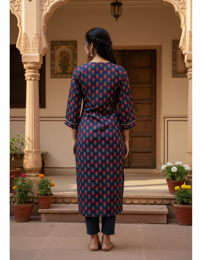 Navy Red Floral Cotton Kurta
