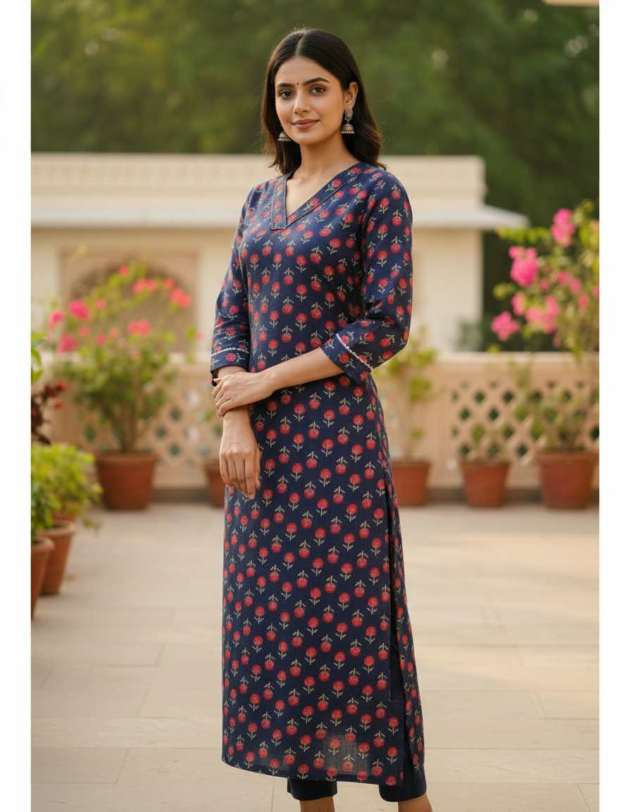 Navy Red Floral Cotton Kurta