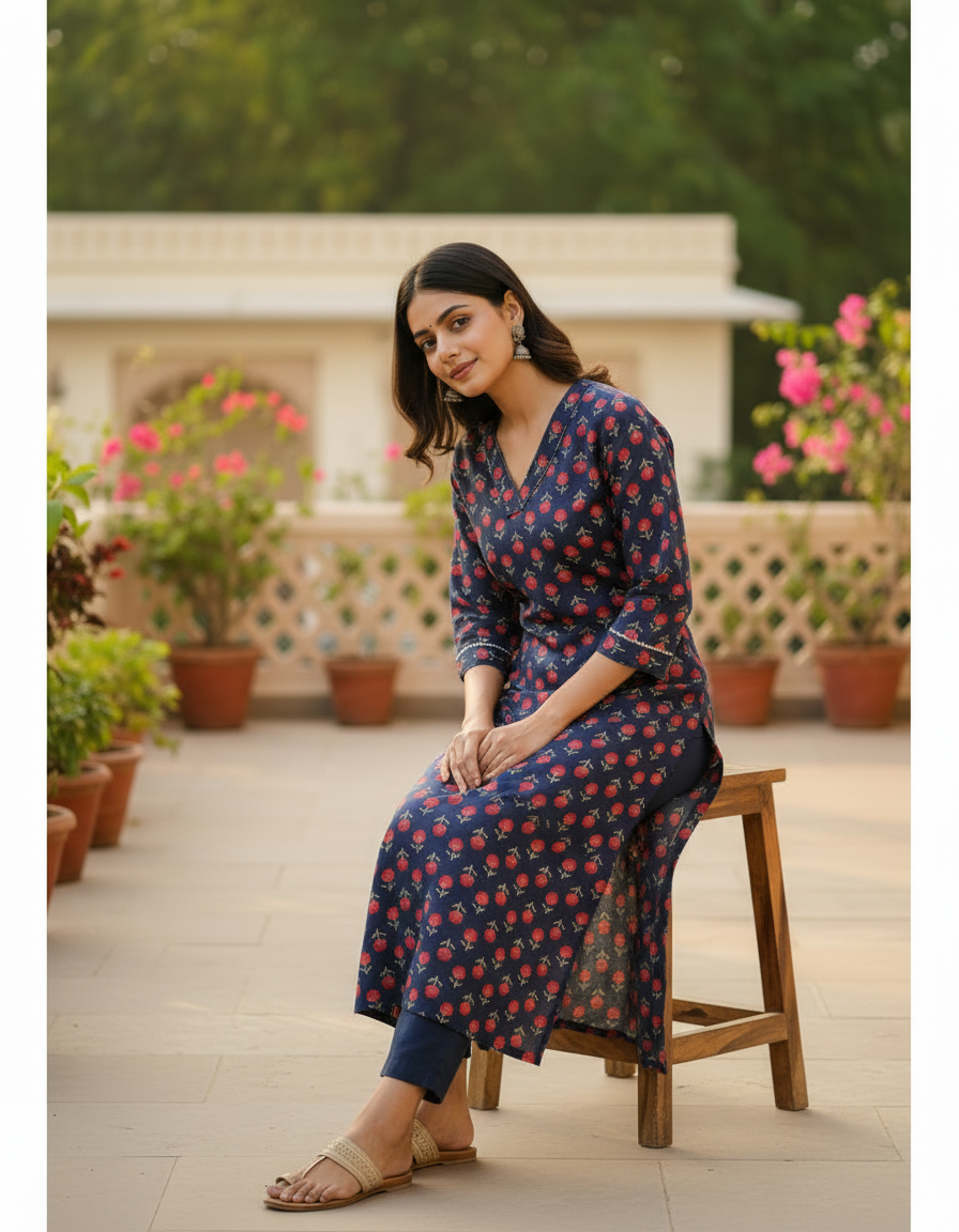 Navy Red Floral Cotton Kurta