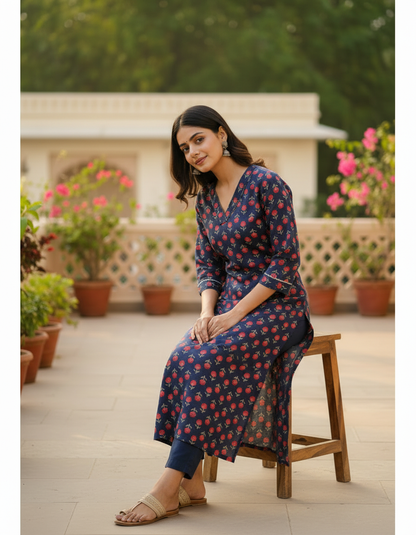 Navy Red Floral Cotton Kurta