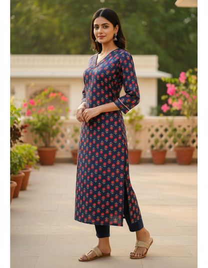 Navy Red Floral Cotton Kurta