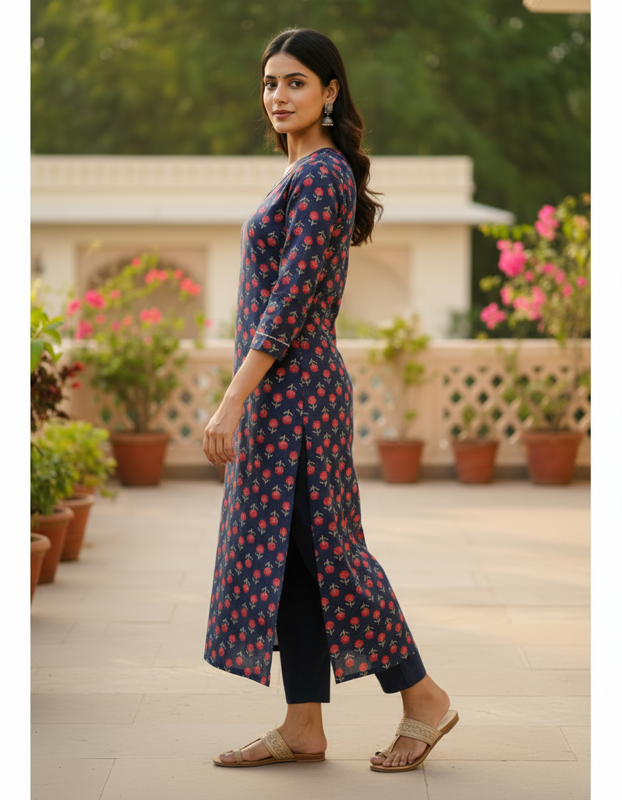 Navy Red Floral Cotton Kurta