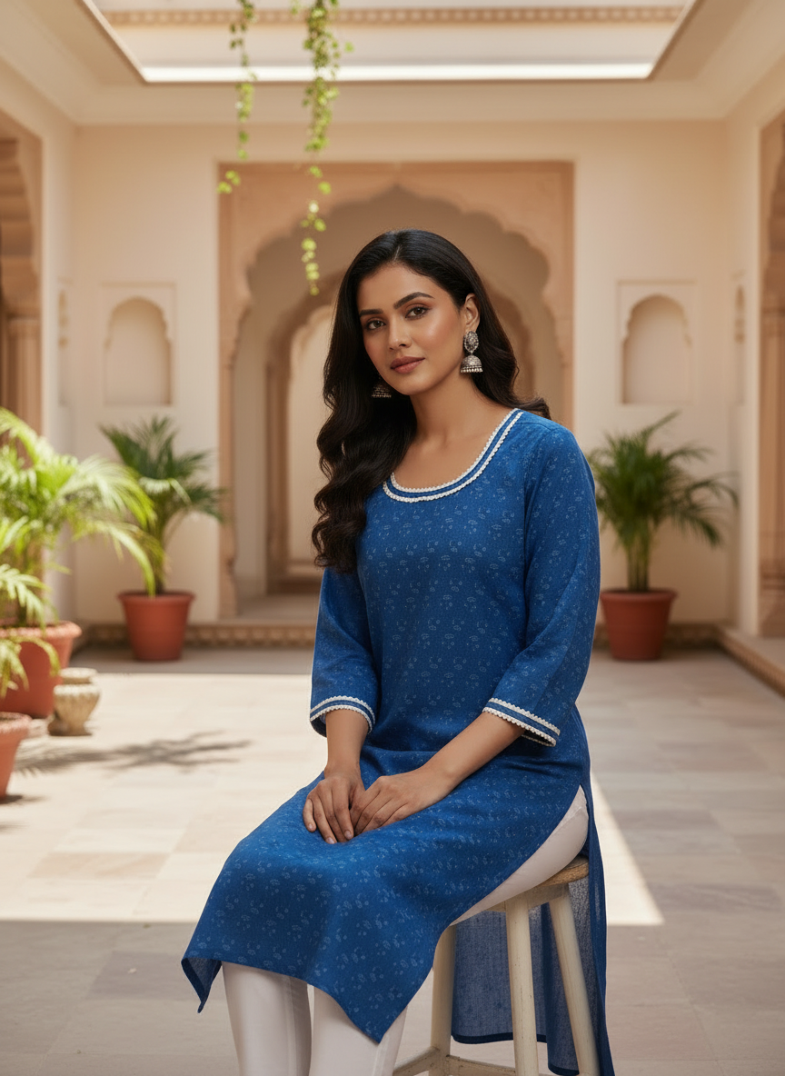Indigo Block Print Cotton Everyday Wear Kurta