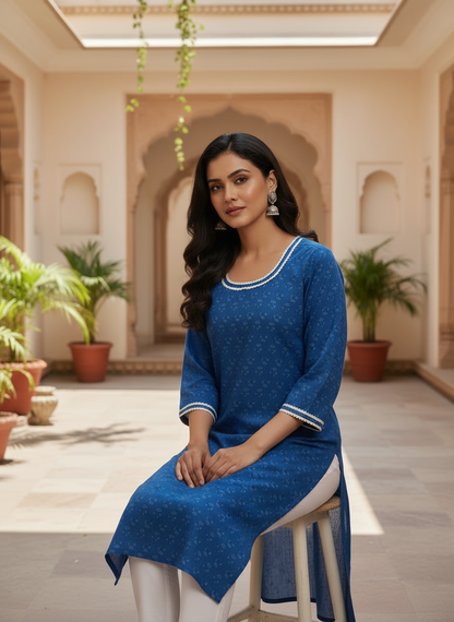 Indigo Block Print Cotton Everyday Wear Kurta