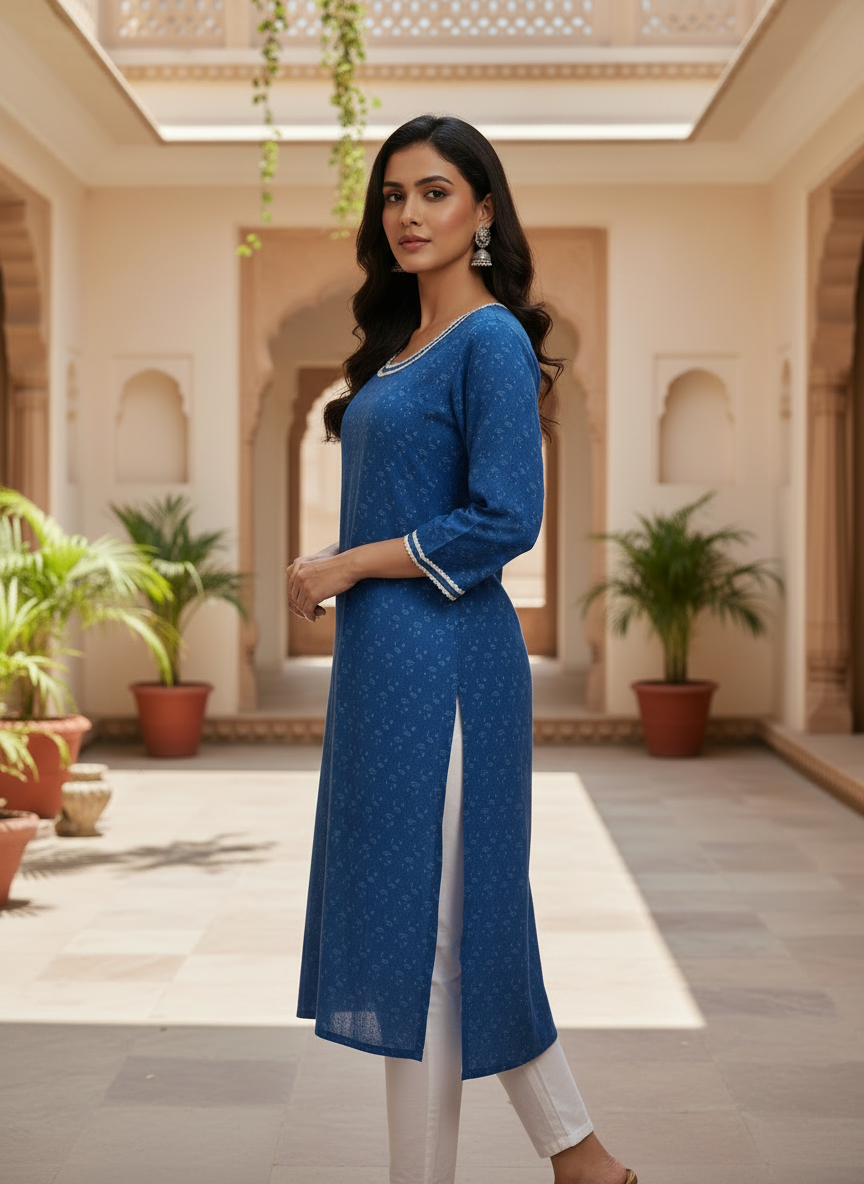 Indigo Block Print Cotton Everyday Wear Kurta