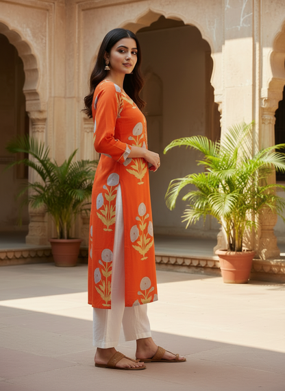 Block Print Cotton Orange Kurta with Lace
