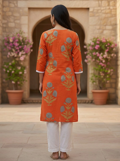 Block Print Cotton Orange Kurta with Lace