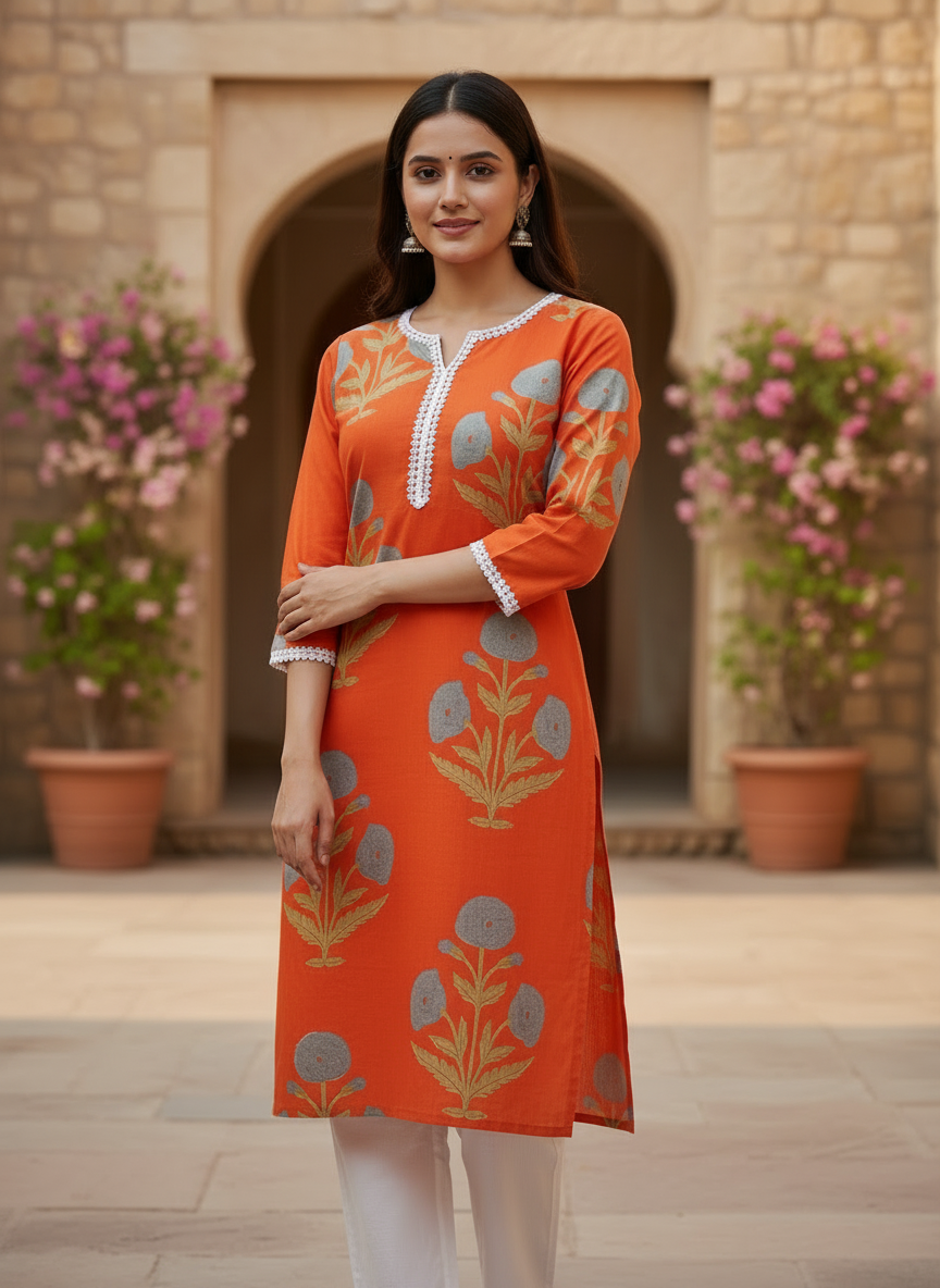 Block Print Cotton Orange Kurta with Lace