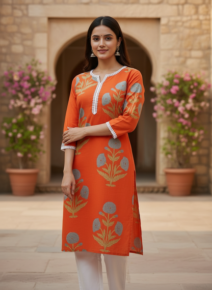 Block Print Cotton Orange Kurta with Lace