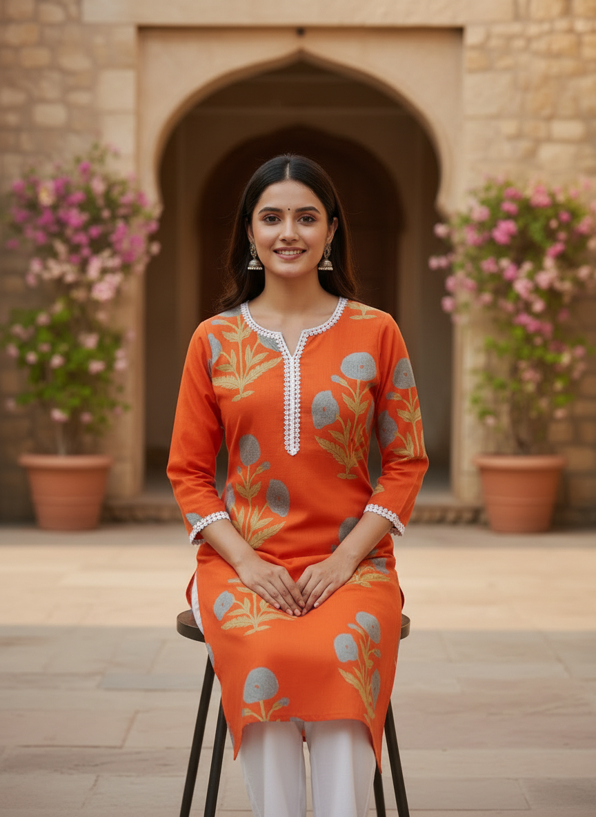 Block Print Cotton Orange Kurta with Lace
