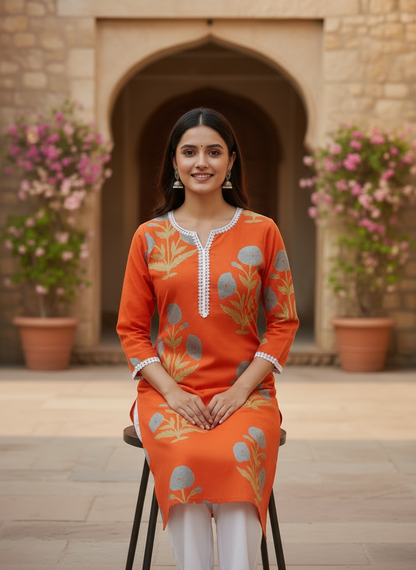 Block Print Cotton Orange Kurta with Lace