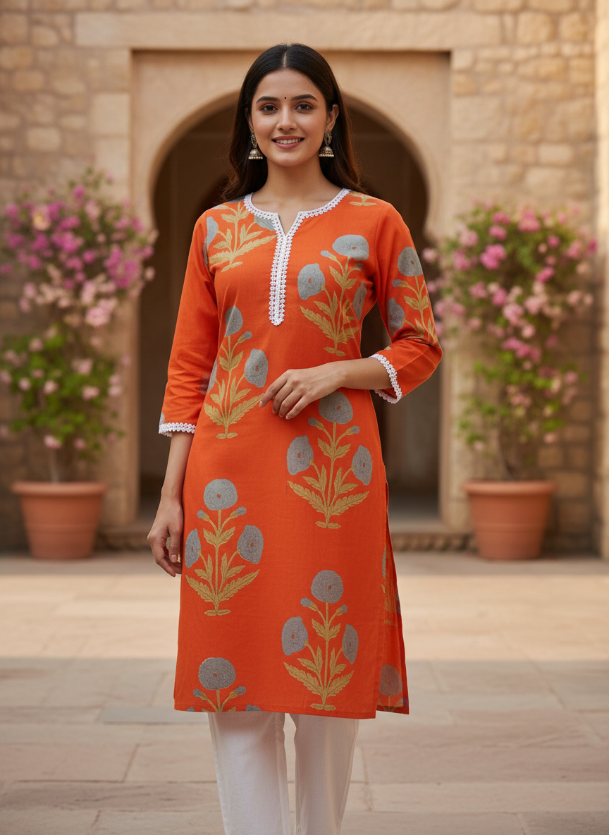 Block Print Cotton Orange Kurta with Lace