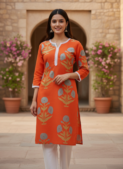 Block Print Cotton Orange Kurta with Lace
