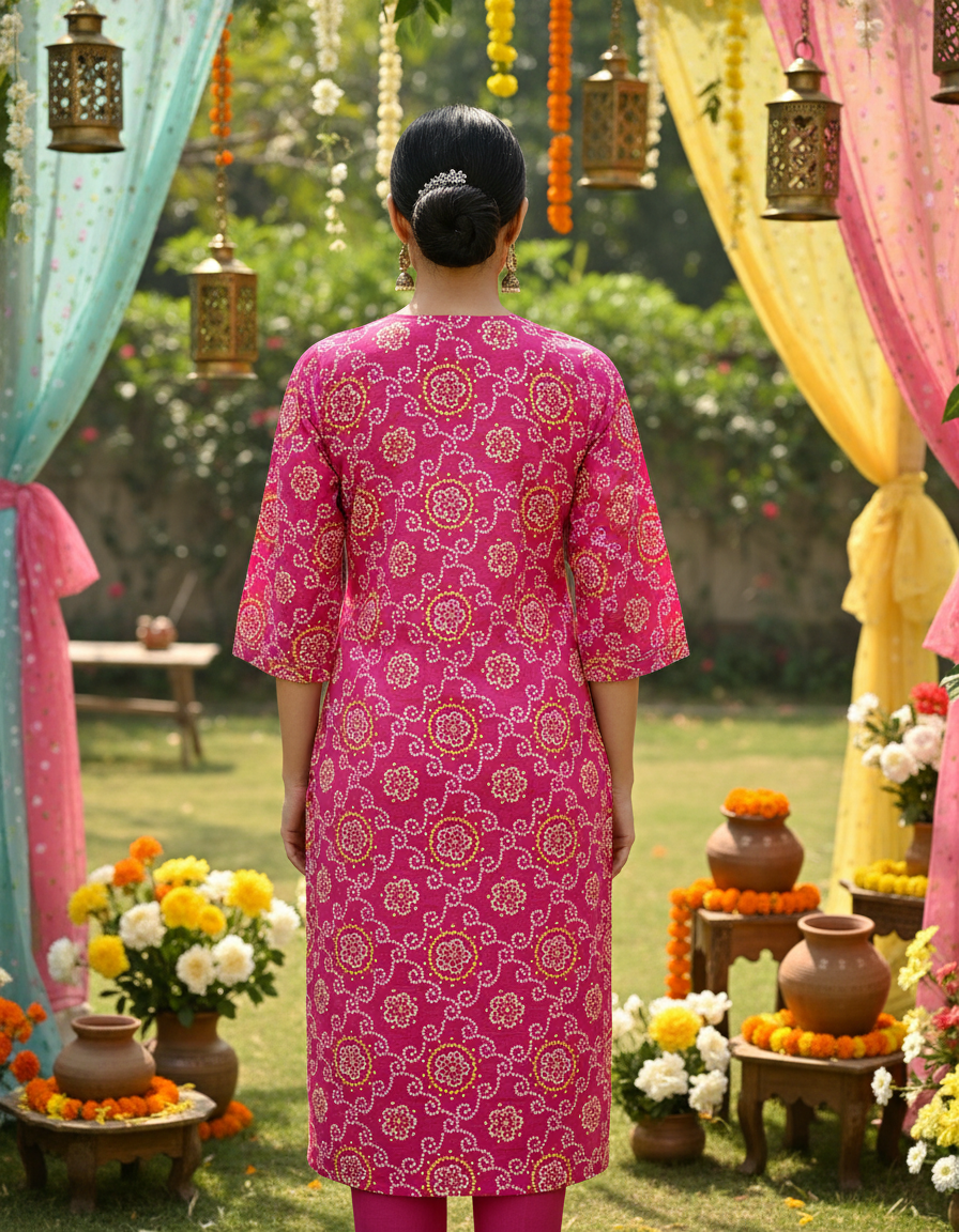 Hot Pink Bandhani Print Cotton Kurta