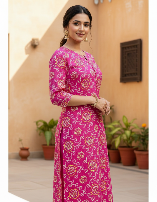 Hot Pink Bandhani Print Cotton Kurta