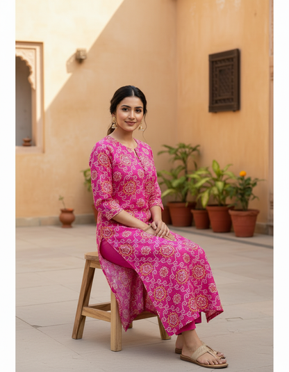 Hot Pink Bandhani Print Cotton Kurta