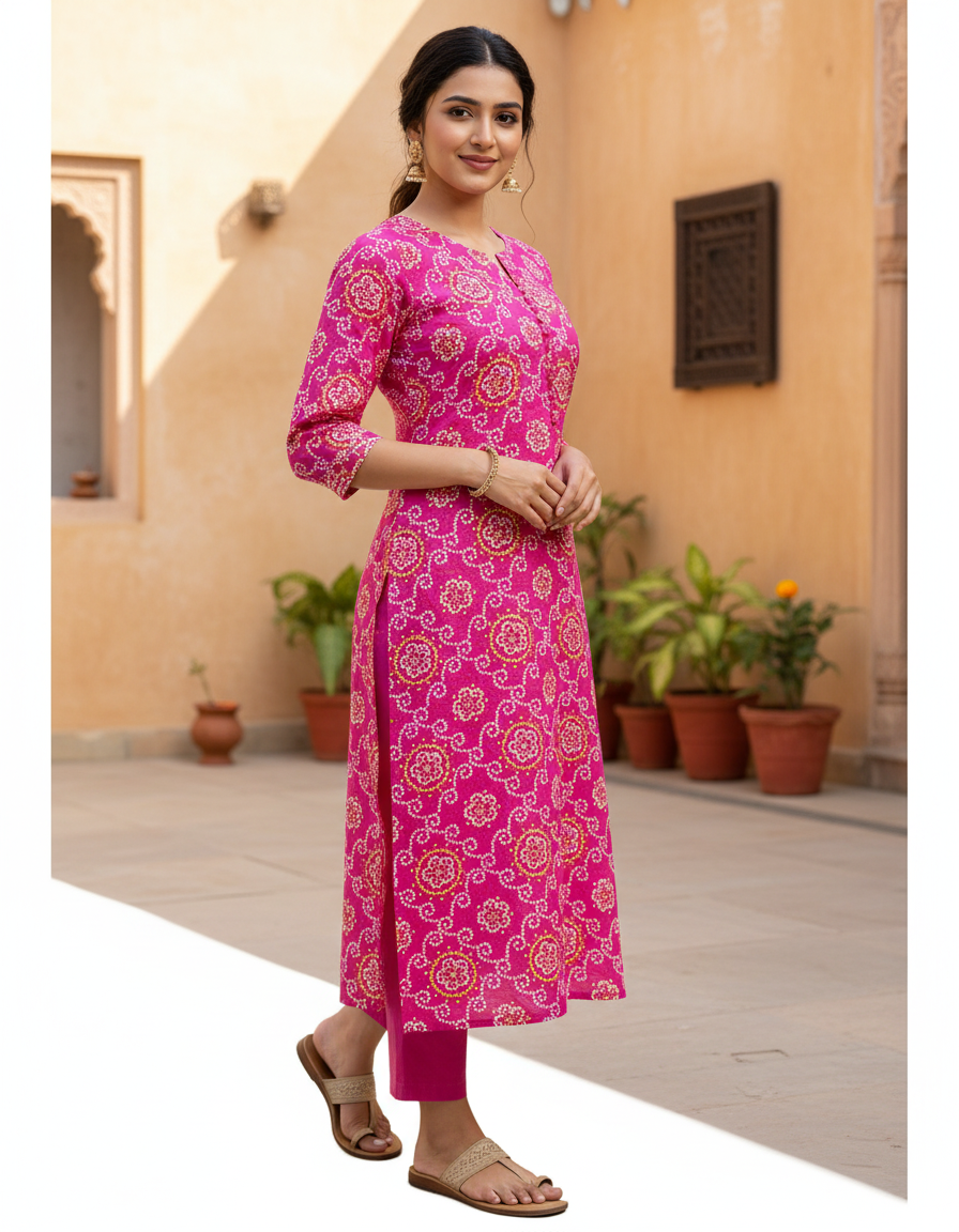 Hot Pink Bandhani Print Cotton Kurta