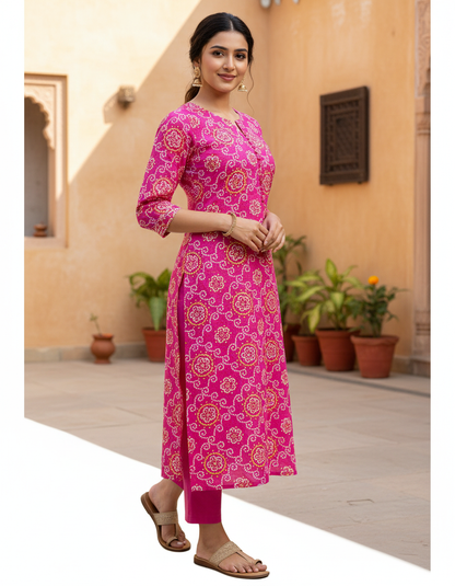 Hot Pink Bandhani Print Cotton Kurta