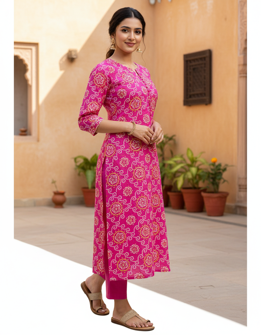 Hot Pink Bandhani Print Cotton Kurta