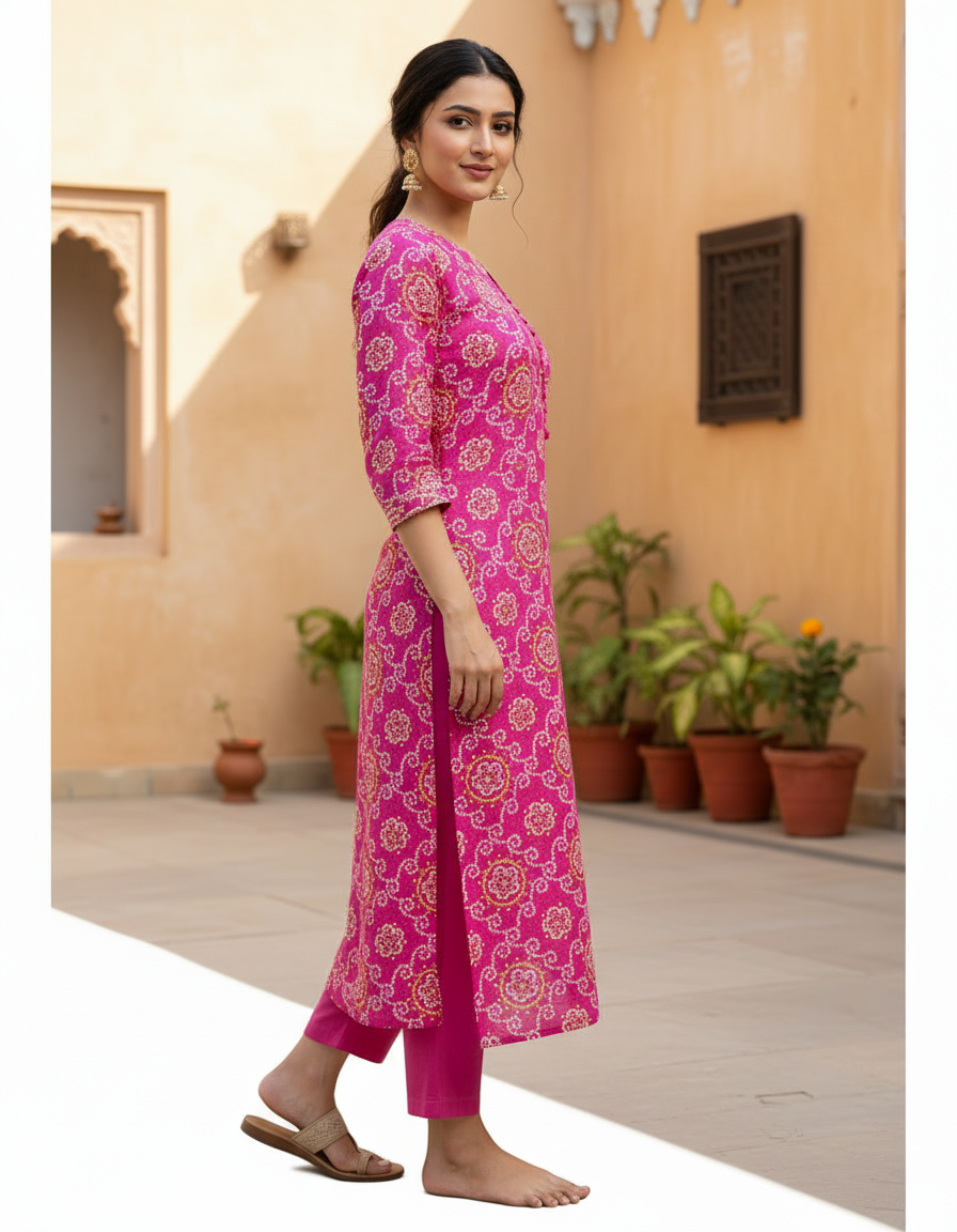 Hot Pink Bandhani Print Cotton Kurta