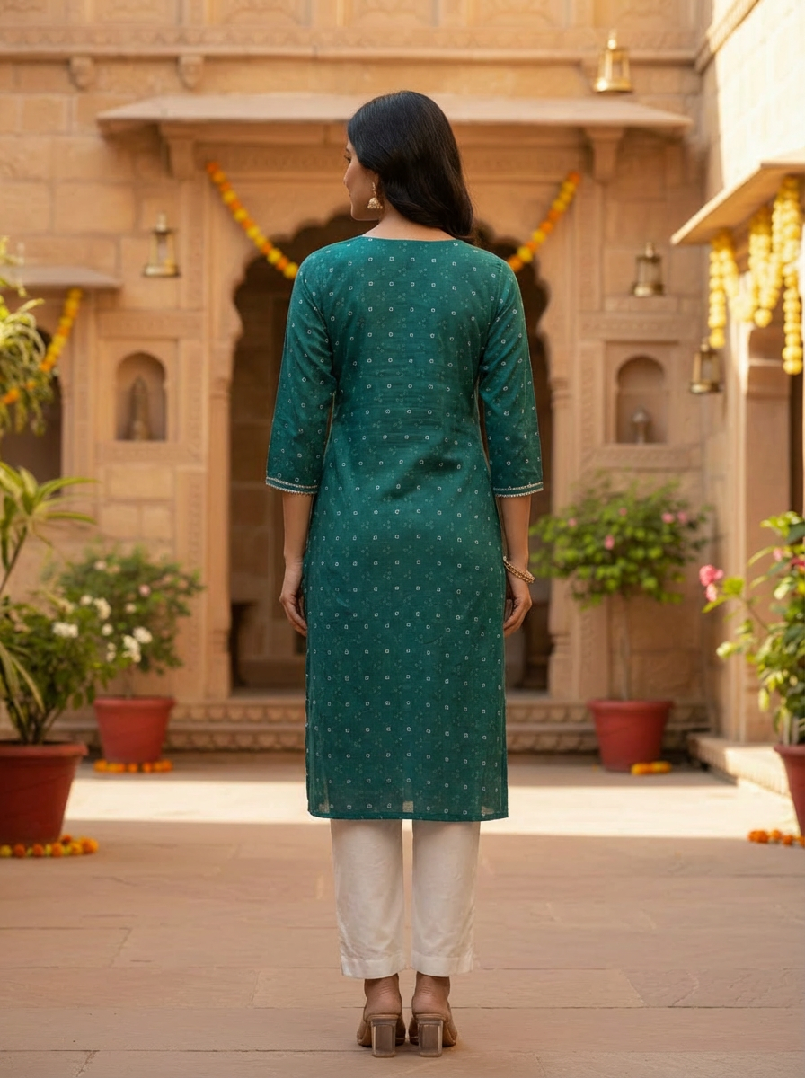 Andhani Print V-Neck Green Cotton Kurta
