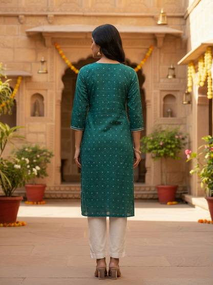 Andhani Print V-Neck Green Cotton Kurta