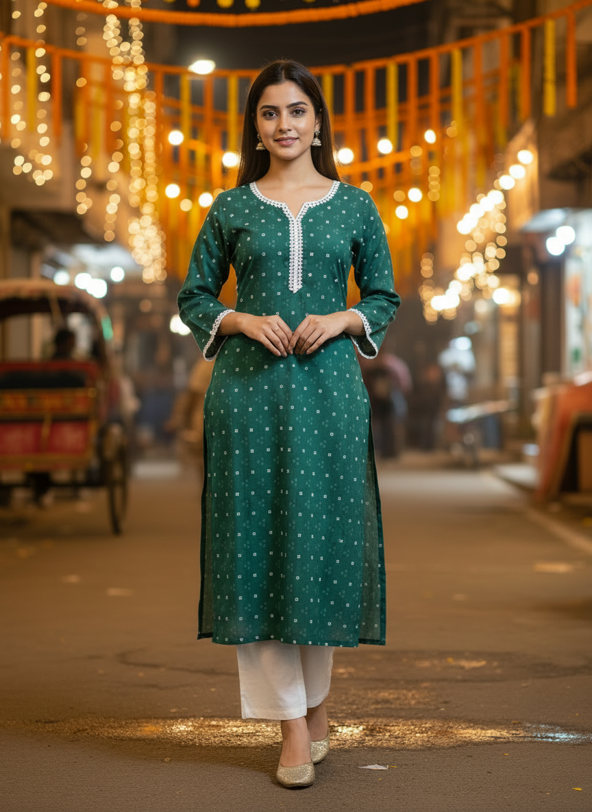 Andhani Print V-Neck Green Cotton Kurta