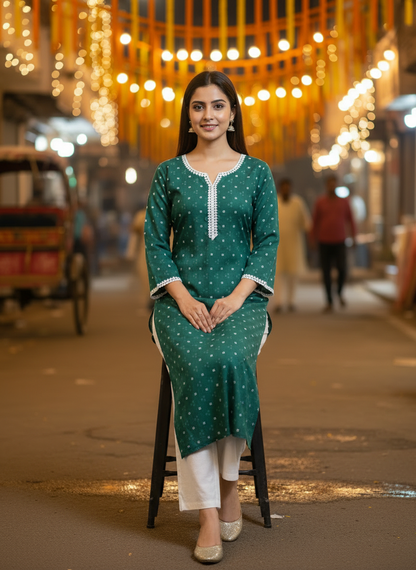 Andhani Print V-Neck Green Cotton Kurta