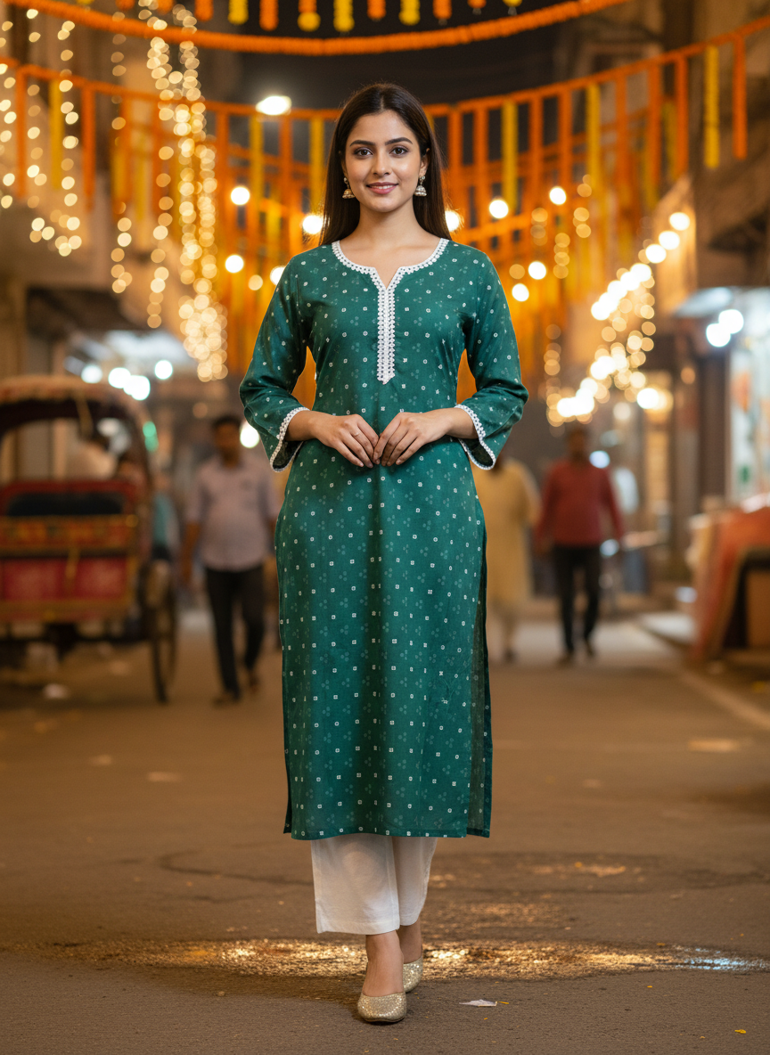 Andhani Print V-Neck Green Cotton Kurta