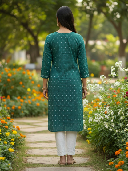 Emerald Green Printed Cotton V-Neck Kurta