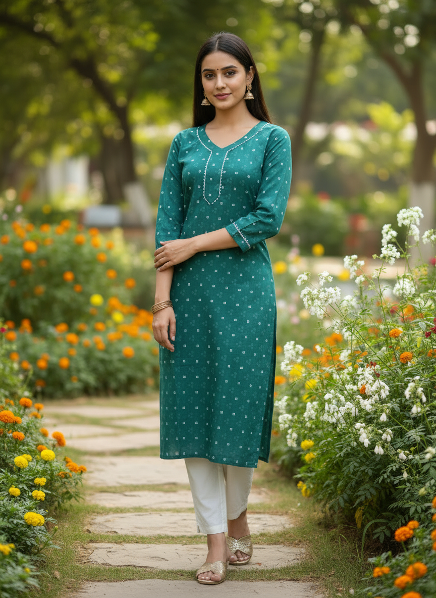 Emerald Green Printed Cotton V-Neck Kurta